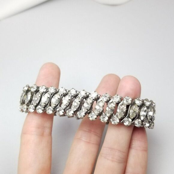 Vintage Three Row Rhinestone Expansion Bracelet, Marquise Shape, Estate - Picture 2 of 6